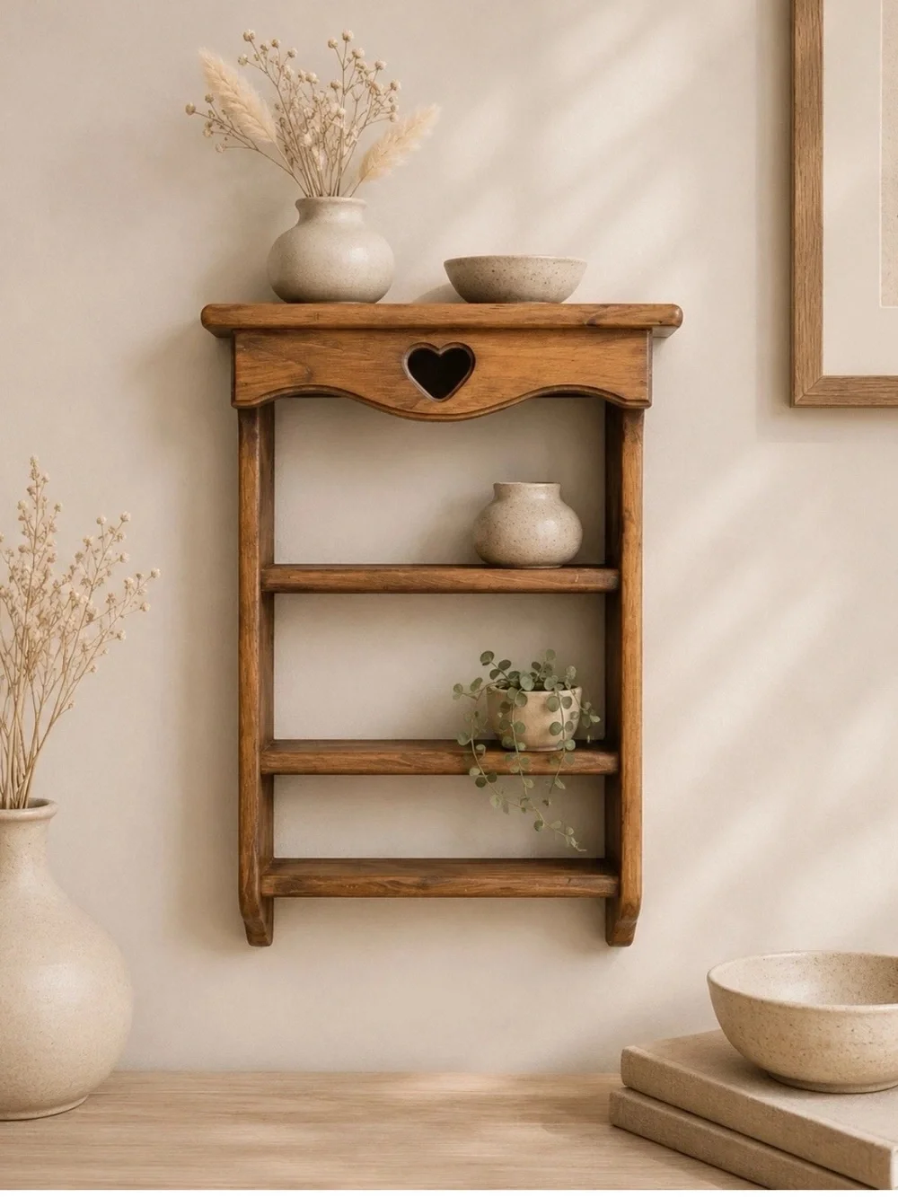 Vintage Wooden Shelf with Heart Cutout Country Cottage Wall Display